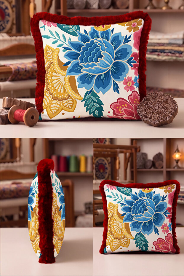 Floral Patterned Bohemian Stylish Fringed Pillowcase - Ethnic Floral Modern Tassel Throw Pillow Cover