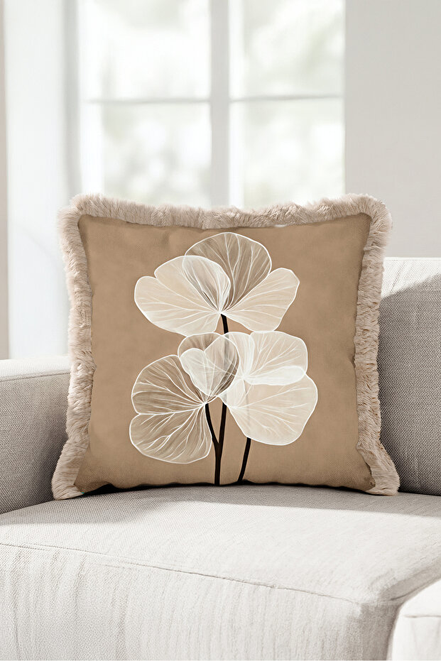 Luxurious Floral Pattern Beige Pillow - Elegant Botanical Modern Mink Cream Fringed Tufted Throw Pillow Cover