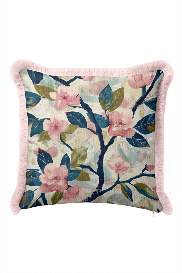 Floral Spring Breeze Botanical Fringed Pillowcase-Sakura Themed Bohemian Pink Tassel Throw Pillow Cover