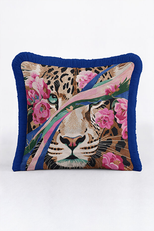 Leopard Floral Pattern Exotic Fringe Pillowcase - Wild Floral Navy Blue Tassel Throw Pillow Cover