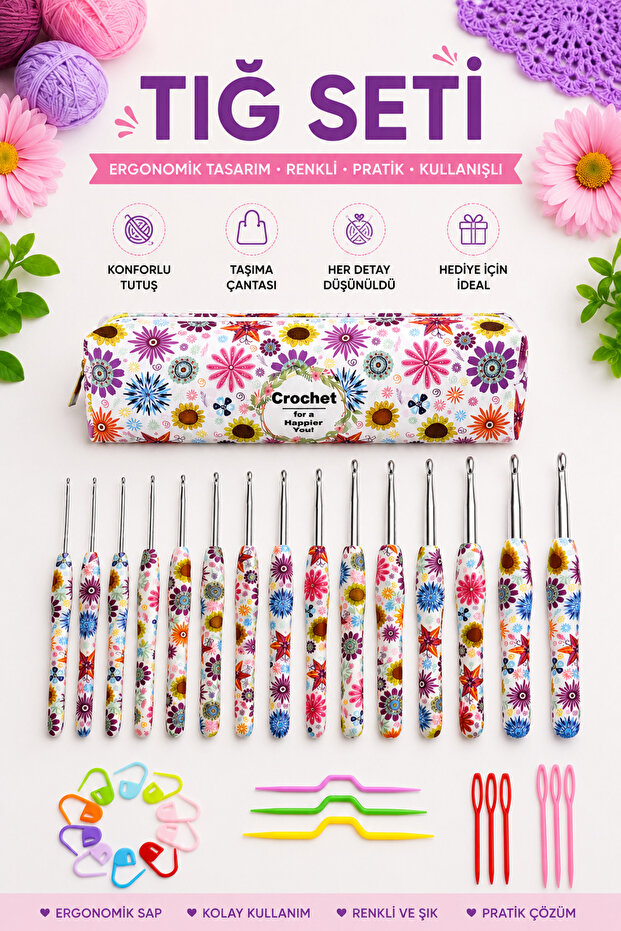 Ergonomic Crochet Set with Bag – Colorful Handle Crochet Set