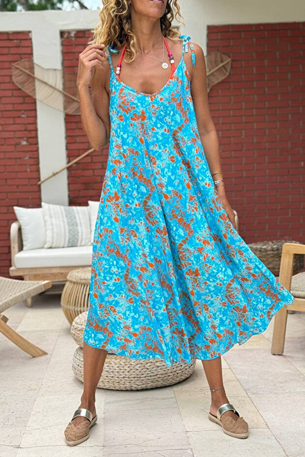 Turquoise Strap Floral Cotton A-Form Fit Woven Dress 110 70