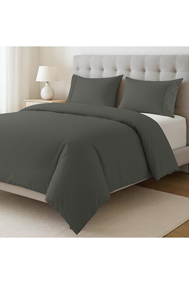 Double Duvet Cover Set 100% Cotton Charcoal - Soft, Pre-Washed Percale, Eco-Friendly, Lightweight and Breathable Bedding
