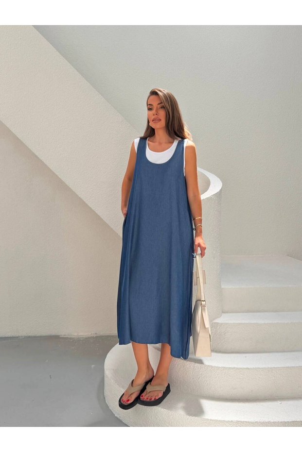 Premium Denim Pocket Salopet Dress and Single Jersey Combed Cotton Blouse Two-Piece Set