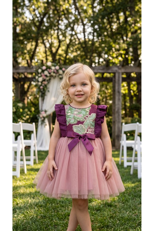 Girl's Lined Ruffle Sleeve Satin Bow Tulle Evening Dress 1-3 Years Old Birthday, Wedding, Special Occasion