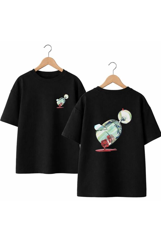 Broken Glass Cup Dice Printed on the Back and Front Chest, 100% Cotton Oversize Loose Regular Fit Crew Neck T-Shirt