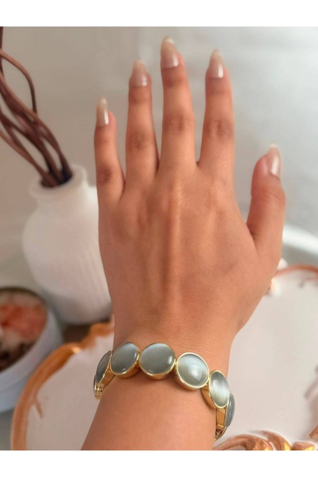 Women's Steel Gold Color Gray Cat Eye Stone Flexible Bracelet