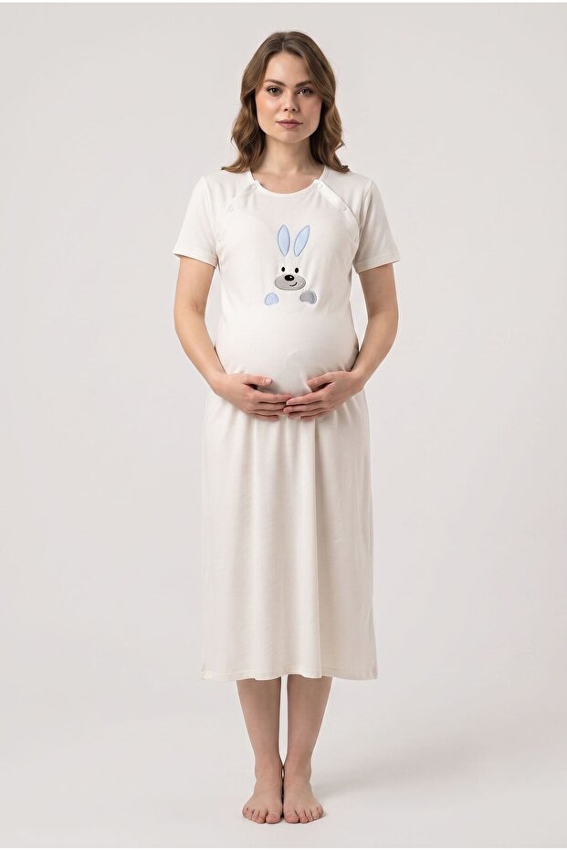 Women's Blue Rabbit Embroidered Patterned New Season Maternity Nightgown Set