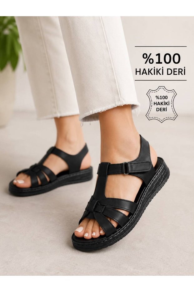 Women's Genuine Leather Orthopedic Daily Sandals – Comfortable Summer Black Sandals with Velcro Fastening