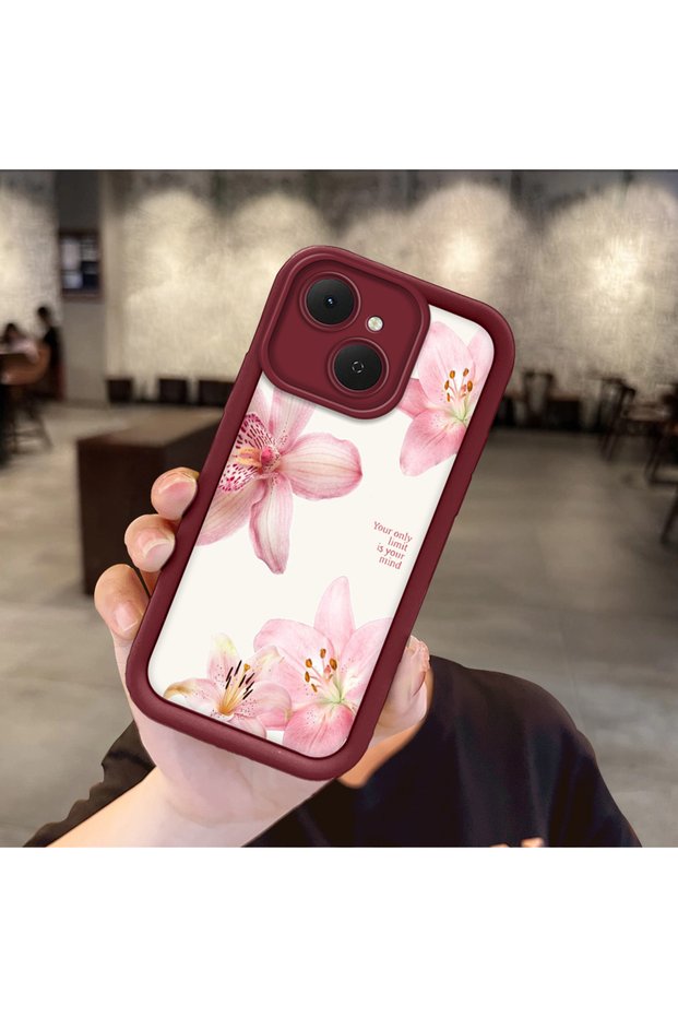 Tecno Spark 40C Compatible Case Camera Protector Burgundy Silicone Couple Phone Case Floral Pattern