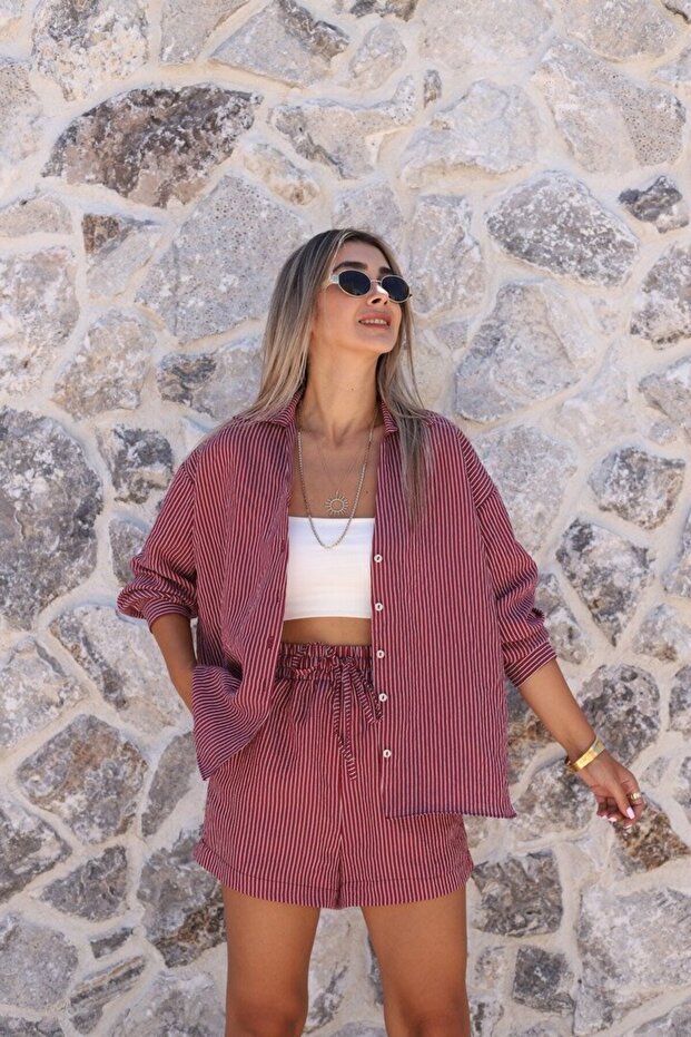Burgundy Striped Top Standard Shirt Shorts Set