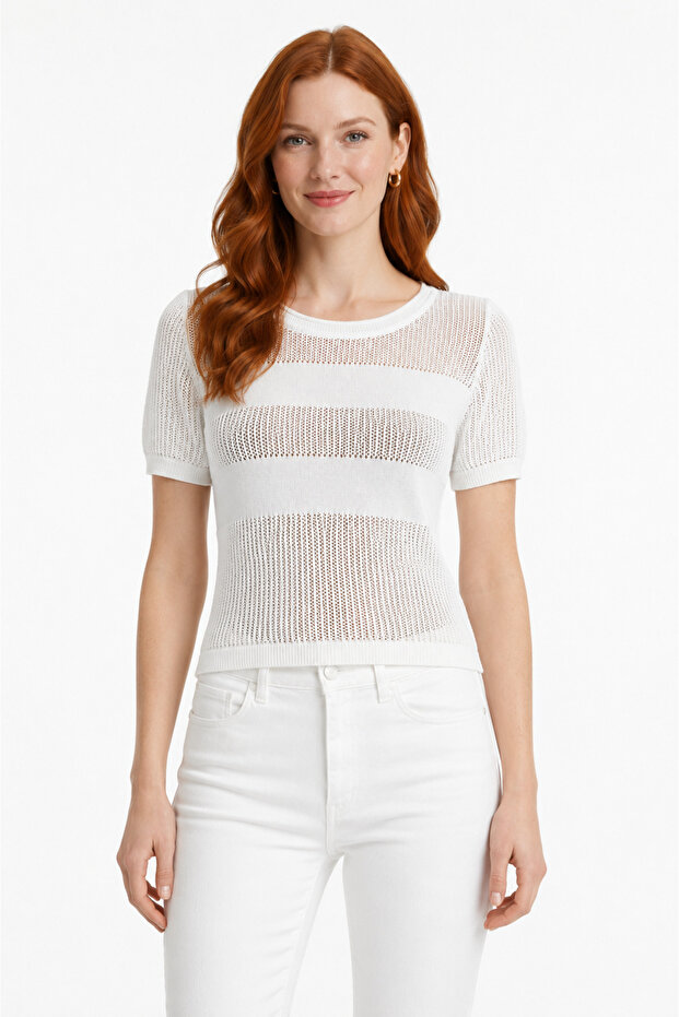Women's White Knitwear Short Sleeve T-Shirt