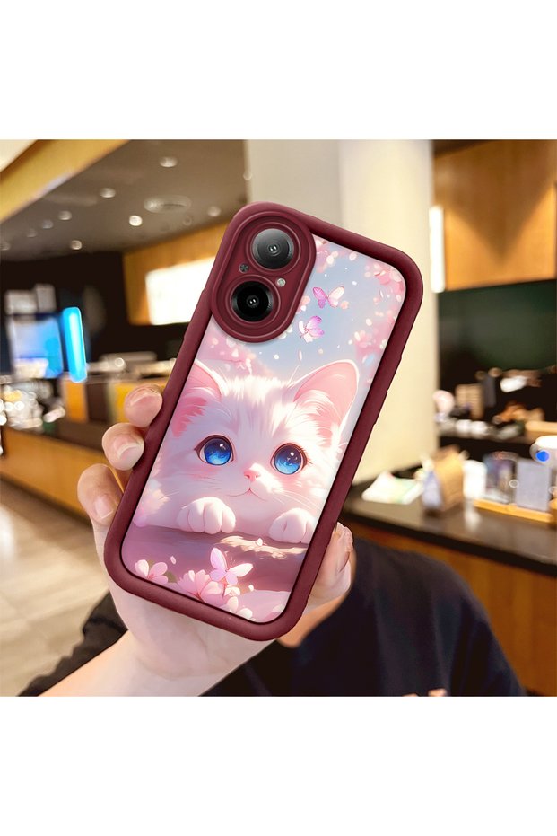 Realme C67 Compatible Case Camera Protector Claret Red Silicone Couple Phone Case Cat Pattern