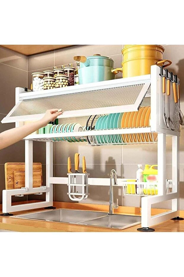 Dish Rack Organizer Stainless Steel with Doors Over Sink Dish Drying Rack Storage Rack Kitchen Dish Drainer Nonslip Kitchen Multipurpose Rack Dust-Proof