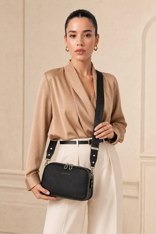 Women's Hand and Shoulder Bag with Double Zipper, Multi-Compartment, Cross Strap, Black