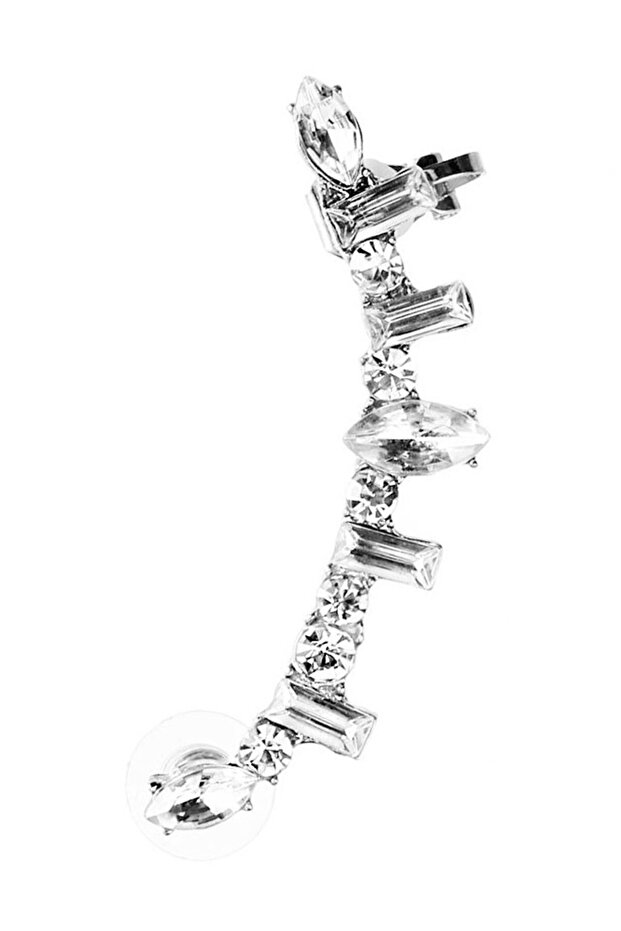 Elegant ear cuff earring, round, pointed and rectangular white crystals