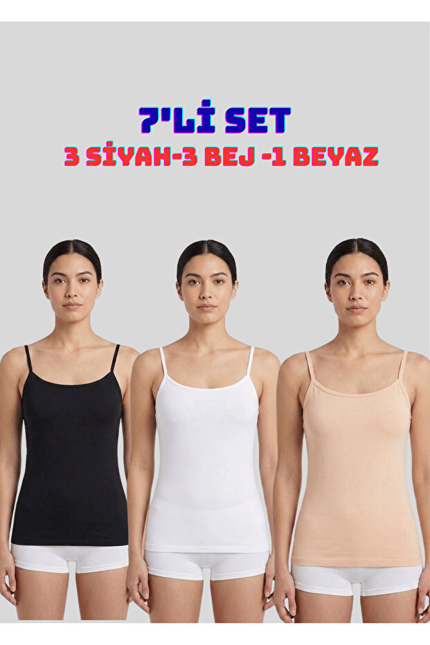 Women's 7-Piece Set 3 Beige-3 Black-1 White Color Cotton Lycra Thin Strap Undershirts
