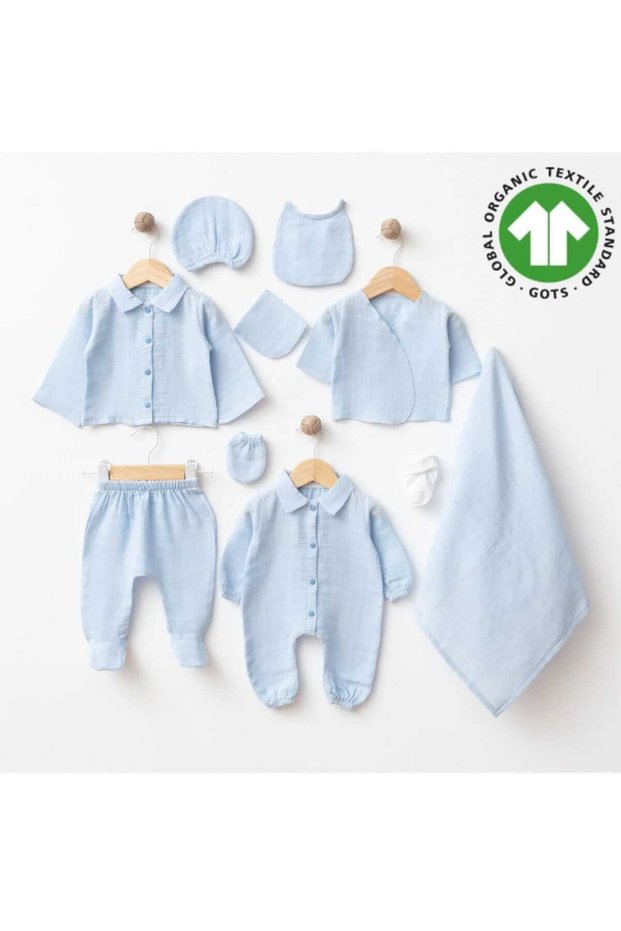 Gots Certified Baby Blue 100% Organic Cotton Muslin Newborn Hospital Discharge Set with Stylish Gift Packaging