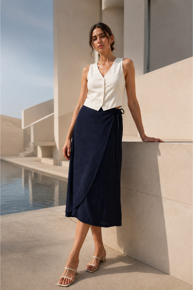 Women's Dark Navy Blue Midi Wrap Skirt - Regular Fit
