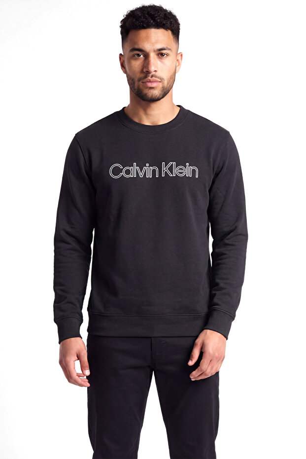 Men's Regular Fit Logo Printed Round Neck Long Sleeve Black Sweatshirt