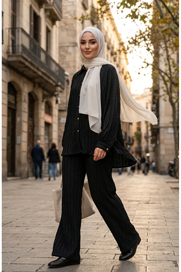 Bürümcük Fabric Ruffled Hijab Double Set 13250-06 Black