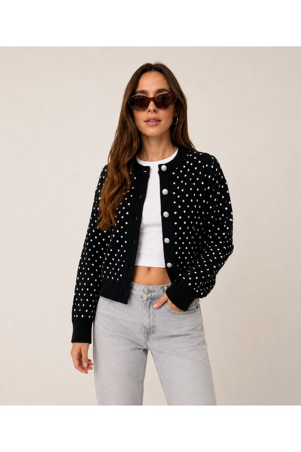 Women's Polka Dot Buttoned Knitwear Cardigan - Luxurious Vintage Patterned Soft Knit Seasonal