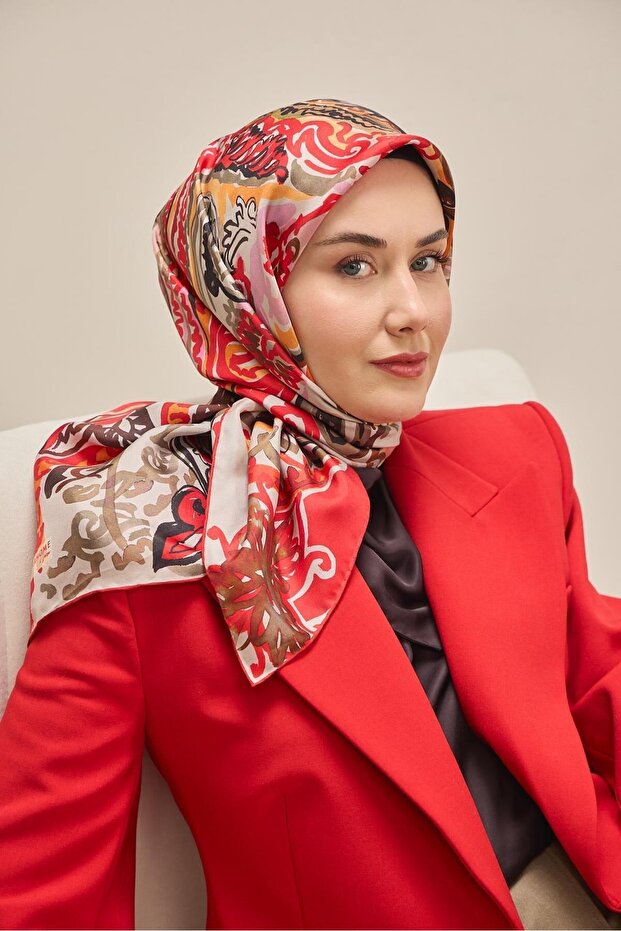 Twill Silk Scarf Art Pattern Red 90X90
