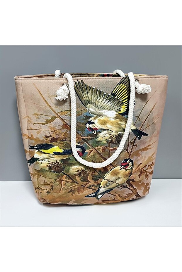 Ilkestor Bird Patterned (220426) Beach Bag-Brown