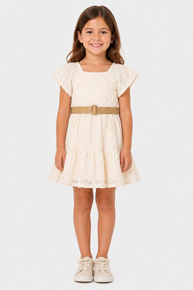 Kids Girl Textured Short Sleeve Dress, Off White