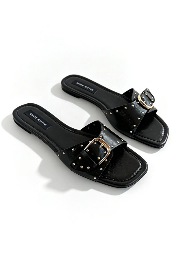 Palma Black Leather Buckle Detail Women's Slippers