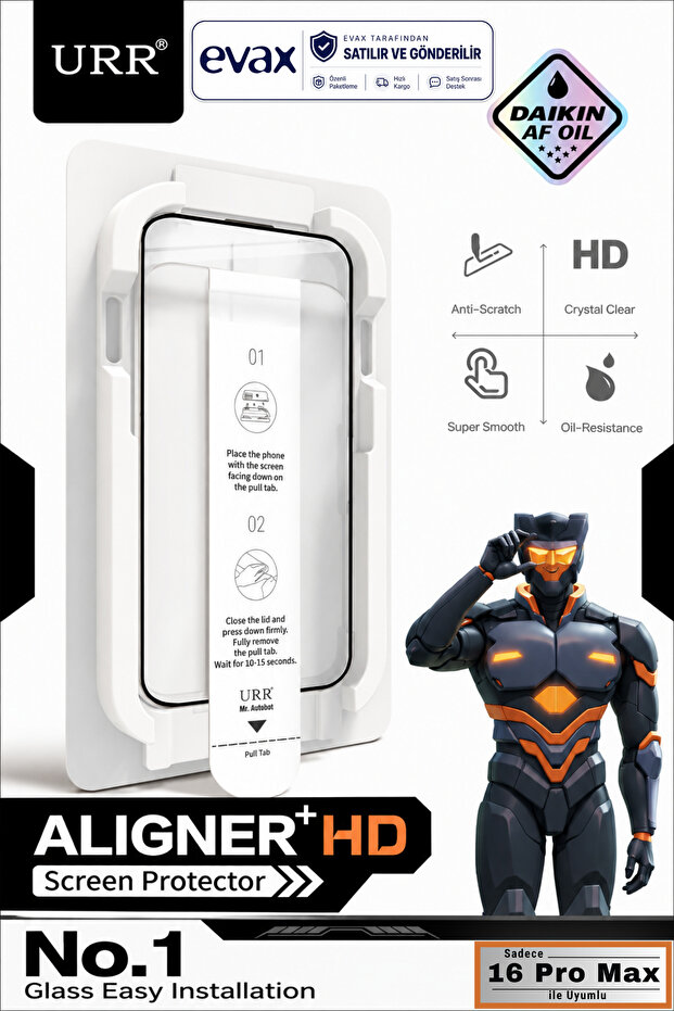 [URR] واقي شاشة زجاجي كامل التغطية متوافق مع iPhone 16 Pro Max مع جهاز تركيب HD