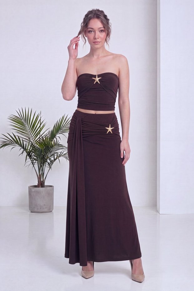 Women's Strapless Crop and Draped Detailed Skirt Two-Piece Set in Brown with Gold Accessories