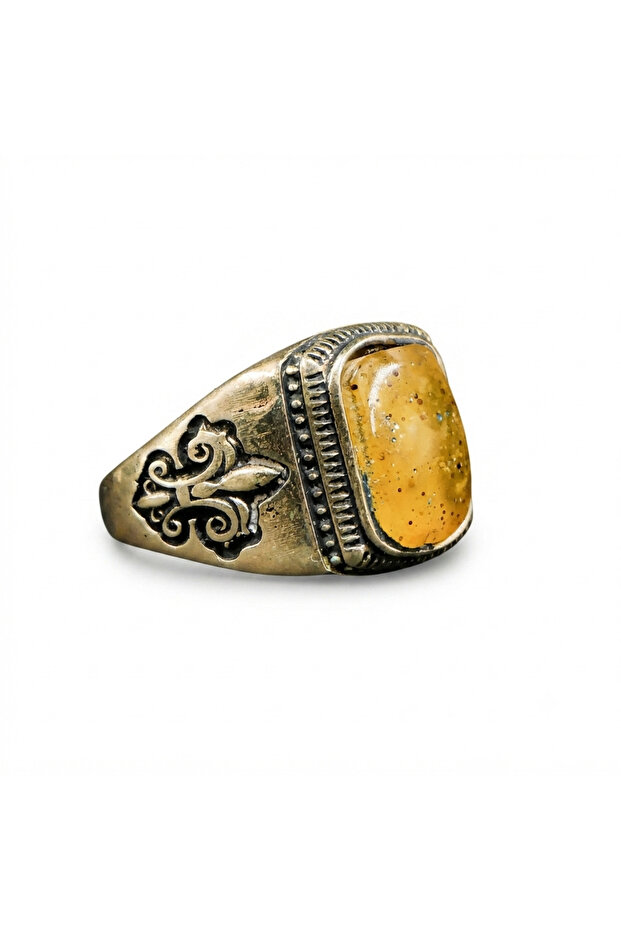 Antimony Silver Amber Ring – 10.5x23mm Honey Yellow Cabochon Men's Ring 7g