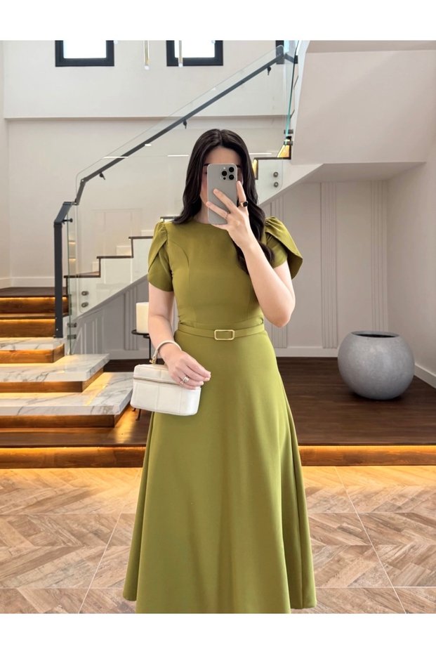 Green Crew Neck Dress with Belted Sleeve Detail