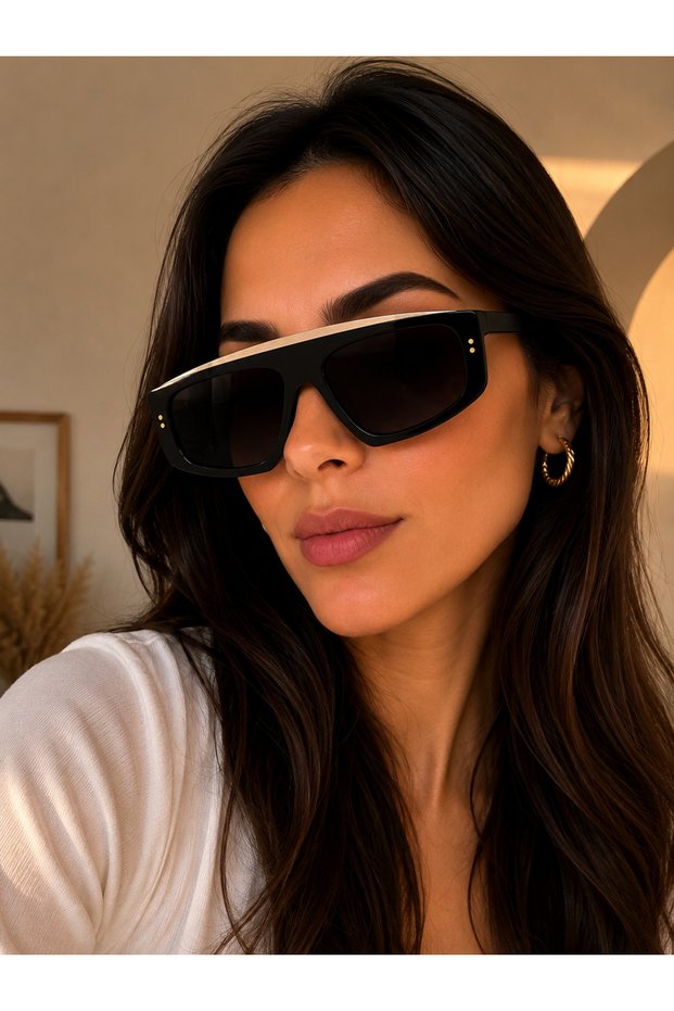 Women's Black Gold Detailed Rectangular Uv400 Sunglasses