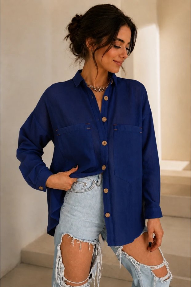Women's Navy Blue Cotton Linen Double Pocket Wooden Button Oversize Casual Oval Long Sleeve Beach Shirt