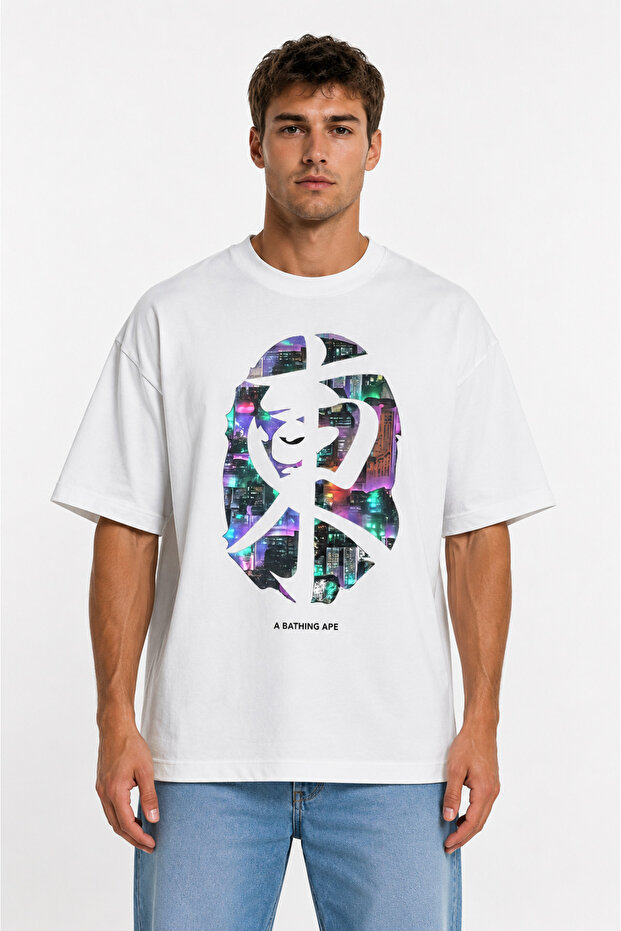 Unisex Women's Men's Bape Middle-Empty Chinese Front Printed Oversized Thick Fabric Relaxed Fit T-Shirt