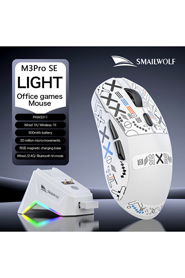ماوس الألعاب اللاسلكي الجديد SMAILWOLF M3pro SE 2026 باللون الأبيض، بتقنية البلوتوث وثلاثة أوضاع، مستشعر PAW3311، 1 كيلو هرتز Po