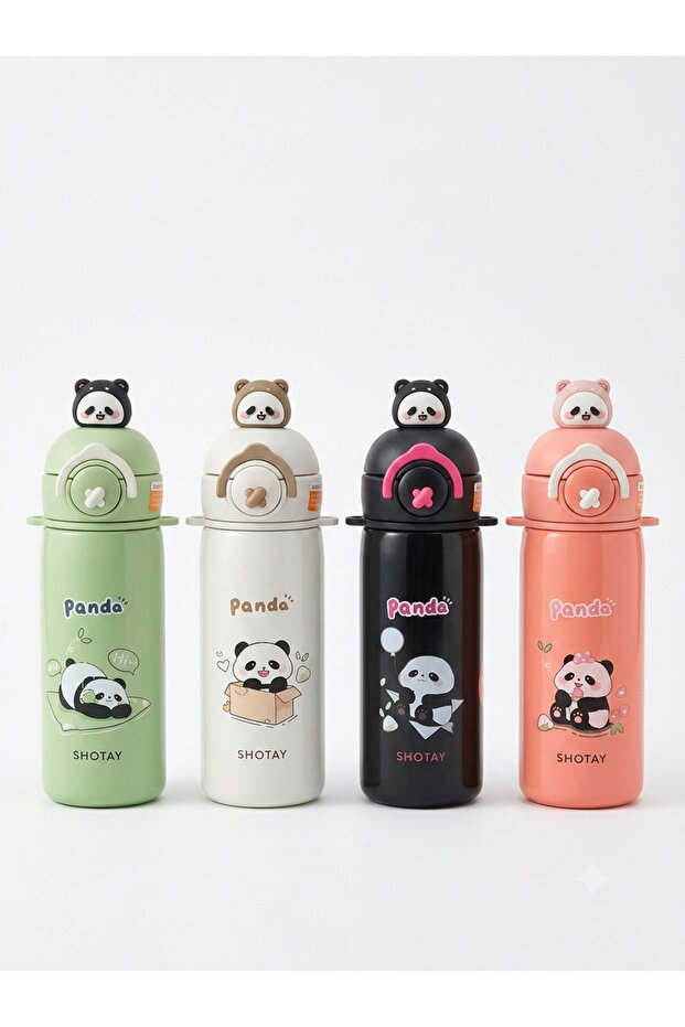 Patterned Children's Water Bottle - 430 Ml. 316L Stainless Steel - 6 Hours Hot with Thermoses - Use with Straw - Shotay St-8818 - Panda