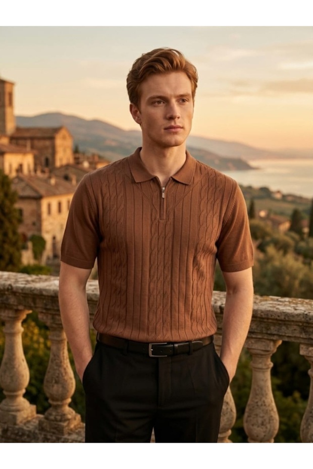 Fix Moda Life Men's Old Money Style Zippered Premium Knitwear Polo T-Shirt