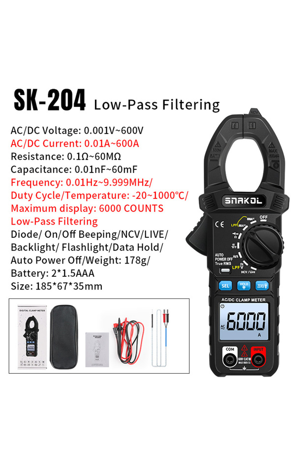 SK-204 SNAKOL Clamp Meter Multimeter AC/DC Voltage Current 6000 Counts Ammeter Voltmeter NCV Resista