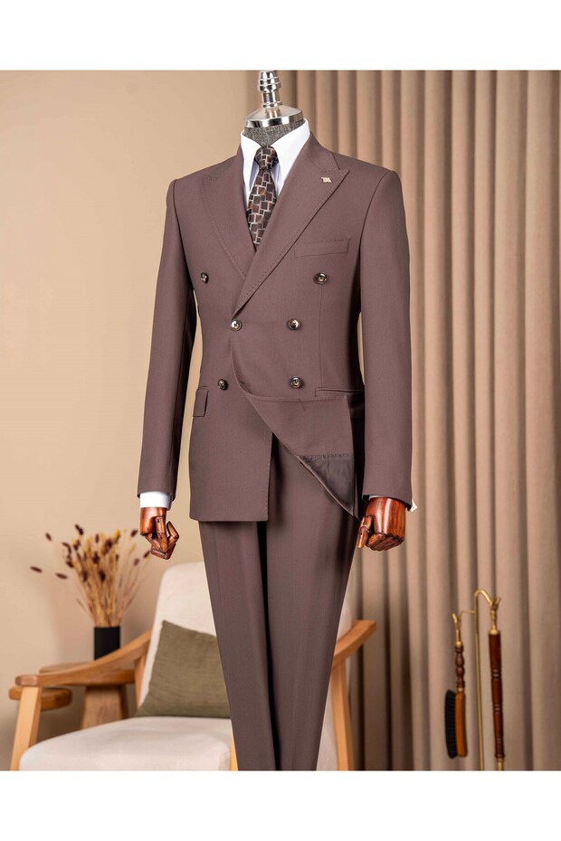 Slim Fit Men's Pointed Collar Double-Breasted Jacket Pants Suit A.Coffee T20139-31