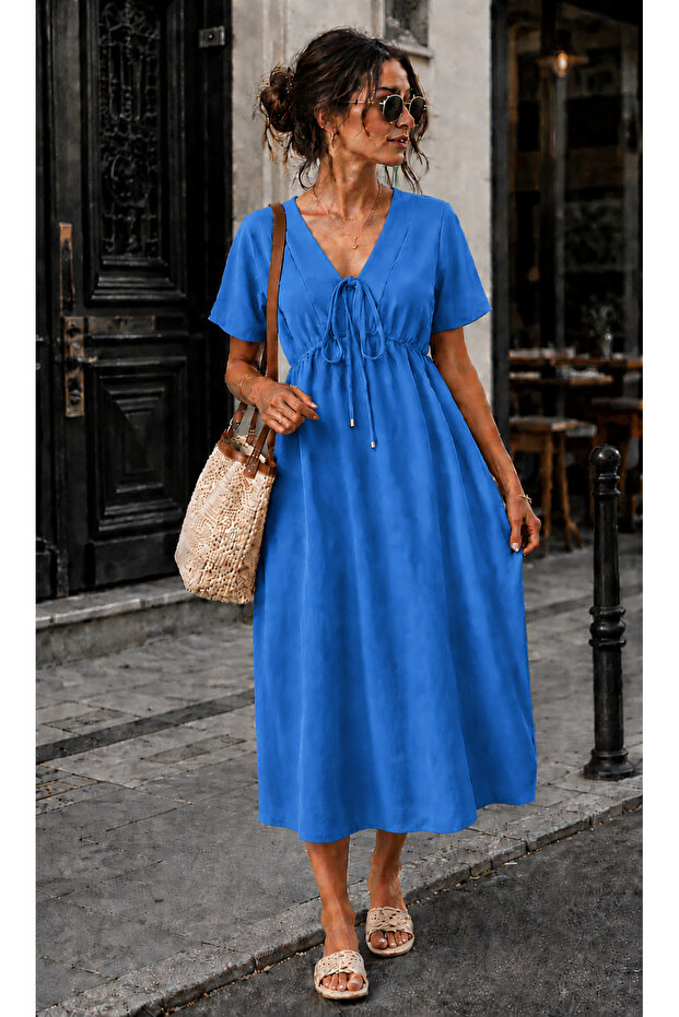 Women's Aerobin Fabric Summer V-Neck Short Sleeve Elastic Waist Below Knee Dress