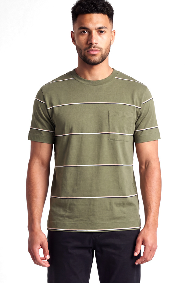 Men's Regular Cut Round Neck Striped Patterned Cotton Short Sleeve Green T-Shirt