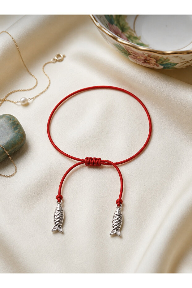 Red String Bracelet with Double Fish Figure Adjustable Lucky Bracelet Silver Color