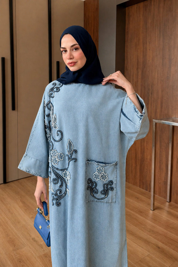 Women's Beaded Embroidered Denim Wide Fit Dress