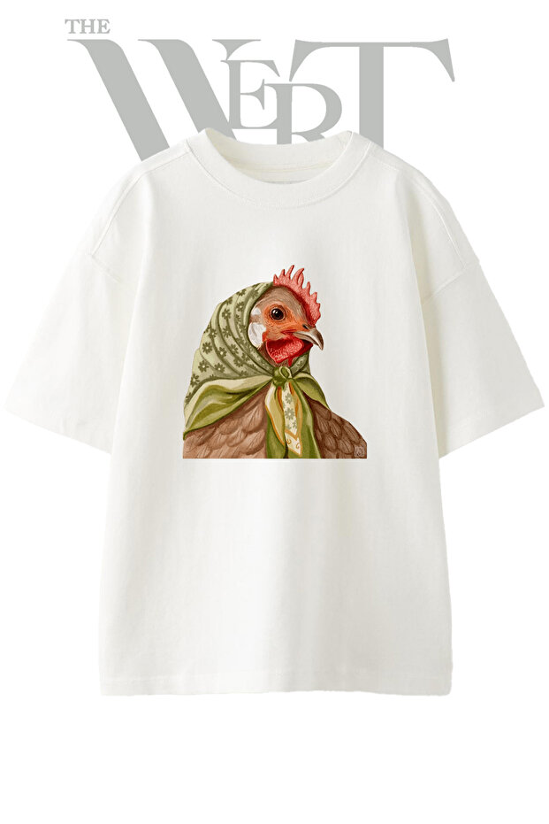 تي شيرت أبيض كبير الحجم مطبوع بتصميم Babushka Hen للجنسين