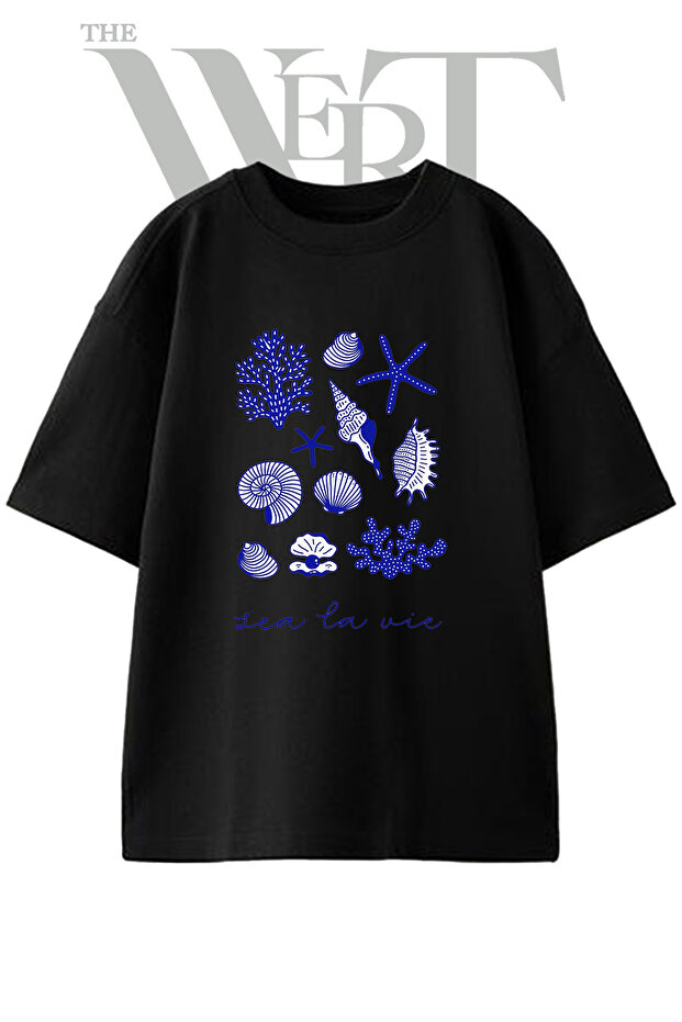 Sea Creatures Design Printed Unisex Black Oversize T-Shirt