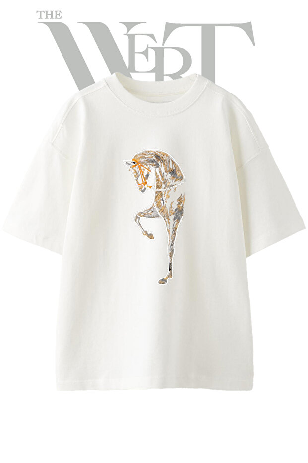Rampayan Horse Design Printed Unisex White Oversize T-Shirt