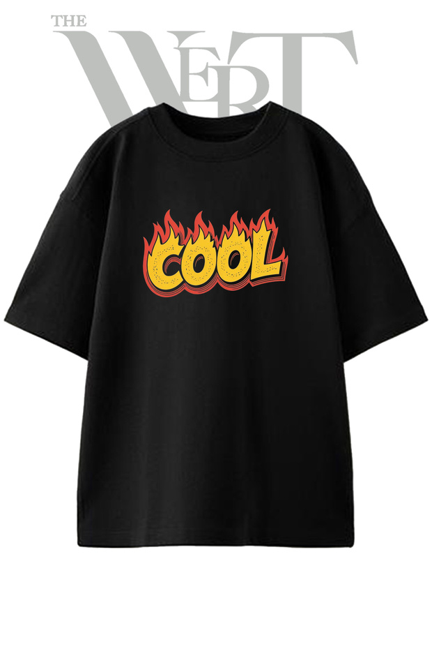 Cool Flame Design Printed Unisex Black Oversize T-Shirt